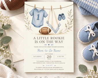 Football Baby Shower Invitation, A Little Rookie Is on the Way, Boy Baby Shower Invite, Editable Canva Template, 5x7