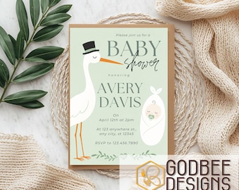 Baby Shower Invitation Template Editable Canva Stork Baby Invite Neutral Sage Green Minimal Printable Download