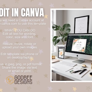 May include: A desktop computer, smartphone, and printed materials are arranged on a white desk. The computer screen displays a wedding invitation template with floral accents. Text on the image reads "EDIT IN CANVA" and details on how to edit the template.
