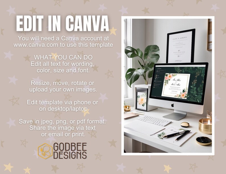 May include: A desktop computer, smartphone, and printed materials are arranged on a white desk. The computer screen displays a wedding invitation template with floral accents. Text on the image reads "EDIT IN CANVA" and details on how to edit the template.