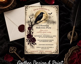 Gothic Crow Halloween Party Invitation, Elegant Raven Adult Costume Party Invite, Vintage Victorian Halloween Canva Template