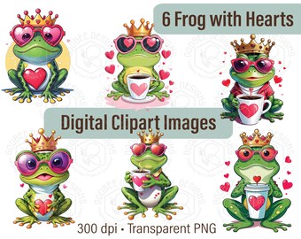 Frog wearing a crown, coffee lover, hearts, clipart, commercial use, Cricut, Silhouette, Sublimation,