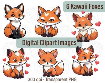 Cute Kawaii Fox Clipart, Digital Download, Valentine's Day, Animals, commercial, images, stickers, png