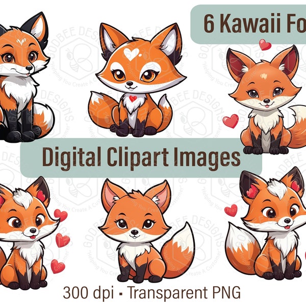 Cute Kawaii Fox Clipart, Digital Download, Valentine's Day, Animals, commercial, images, stickers, png