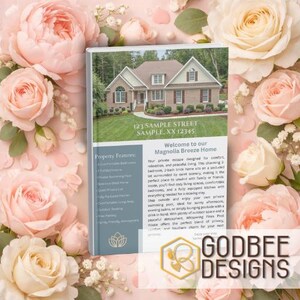 May include: A brochure featuring a house with the text "123 SAMPLE STREET" and "Welcome to our Magnolia Breeze Home." The brochure is surrounded by pink roses and greenery. The brochure lists property features.