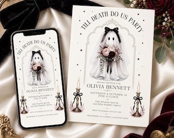 Till Death Do Us Party Bridal Shower Invitation, Gothic Ghost Bride Invite, Editable Canva Template, Halloween Shower, 5x7