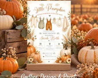 Little Pumpkin Baby Shower Invitation, Rustic Fall Clothesline Invite, Gender Neutral Autumn Baby Shower, Editable Canva Template