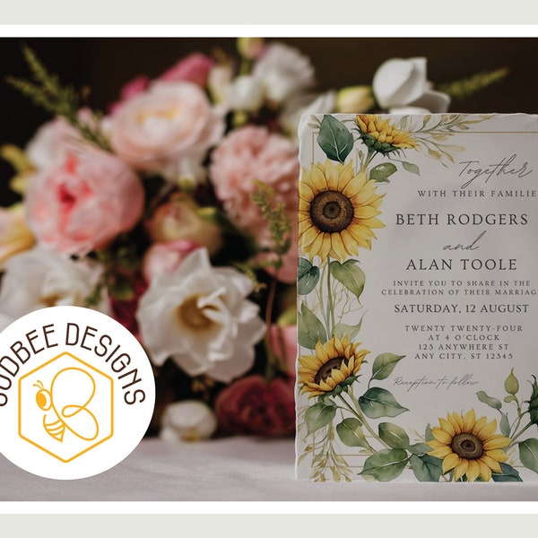 Sunflower Country Style, Shabby Chic, Wedding Invitation, Simple Southern, Custom, Canva Template,