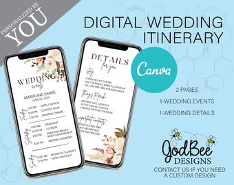 Wedding Itinerary, Elegant Floral, Editable Digital Canva Template,