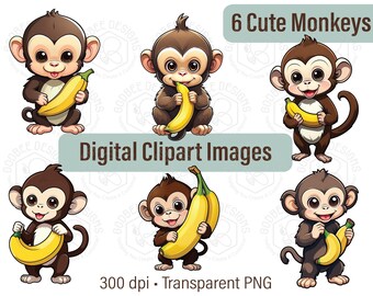 Monkey with a Banana sticker clipart, Commercial Use, Cricut, Silhouette, Digital PNG