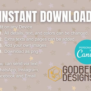 May include: An instant download graphic with the text "INSTANT DOWNLOAD" in large white letters. The image includes instructions, a teal circle with "PERSONALIZE WITH Canva", and the logo for Godbee Designs.