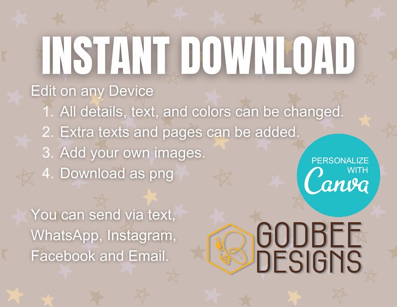 May include: An instant download graphic with the text "INSTANT DOWNLOAD" in large white letters. The image includes instructions, a teal circle with "PERSONALIZE WITH Canva", and the logo for Godbee Designs.