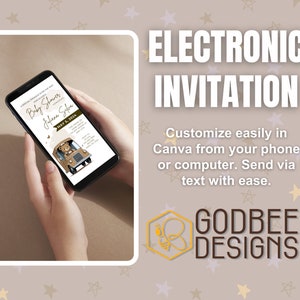 May include: A smartphone displays an electronic baby shower invitation. The invitation features a brown truck with a teddy bear, the name Jafara Sifra, and the date May 5, 2024. Text on the image reads "Electronic Invitation" and "Customize easily in Canva."