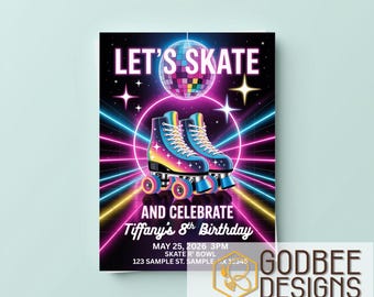 Roller Skate Birthday Invitation Template Editable Canva Neon Disco Skating Party Invite Girl Birthday Download