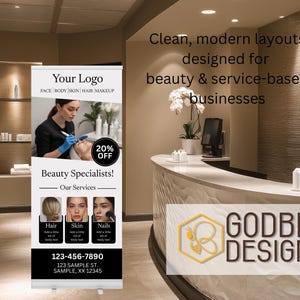 Könnte beinhalten: Ein Roll-up-Banner mit dem Text "Your Logo" und "Beauty Specialists!" wird in einem Schönheitssalon angezeigt. Das Banner zeigt Bilder von Schönheitsdienstleistungen und eine 20 % Rabatt-Aktion. Der Text "Clean, modern layouts designed for beauty & service-based businesses" ist ebenfalls sichtbar.