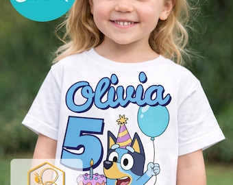 Bluey Birthday Shirt PNG | Personalized 5th Birthday Design | Blue Puppy Birthday Clipart | Custom Name Birthday Design | Printable Graphic