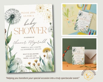 Dandelion Baby Shower Invitation, Spring Floral Theme, Custom Template