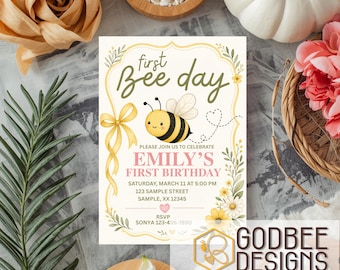 First Bee Day Birthday Invitation Template Editable Canva Bee Birthday Invite Girl First Birthday Party Download