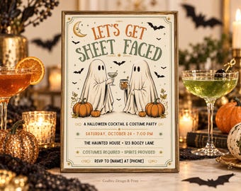 Let’s Get Sheet Faced Halloween Invitation, Funny Ghost Cocktail Party Invite, Adult Costume Party, Editable 5x7 Canva Template