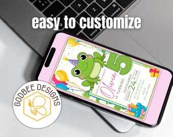 Editable Hop On Over evite, Frog invitation, Canva Template, Instant Download, Text Message, Electronic, Digital, Ribbit, Popular Birthday