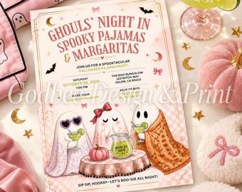 Spooky Pajamas and Margaritas Invitation, Editable Canva Halloween Girls Night Invite, Pink Ghost Pajama Party Template