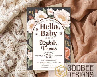 Hello Baby Shower Invitation Template Editable Canva Invite Neutral Floral Boho Arch Gender Neutral Baby Shower Download