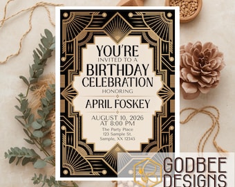 Gatsby Birthday Invitation Template: Art Deco Black Gold Party Invite (Digital Download)