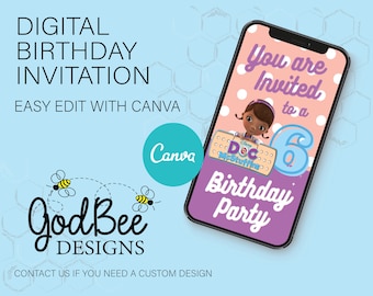 Doc Mcstuffins Birthday Video Invitation; Doc Mcstuffins Digital Birthday Invite; Canva; Digital Video Invitation