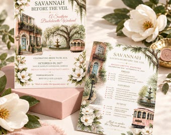 Savannah Bachelorette Invitation and Itinerary, Southern Bach Weekend, Editable Canva Template, Magnolia Georgia Bride Invite