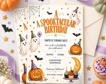 Spooktacular Halloween Birthday Invitation, Editable Canva Template, Cute Ghost and Pumpkin Party Invite, Kids Costume Birthday Evite