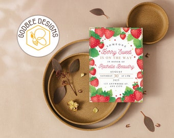 Someone Berry Sweet Baby Shower Invitation, Strawberry, Berry Sweet UPS, Simple, Custom, Canva Template,