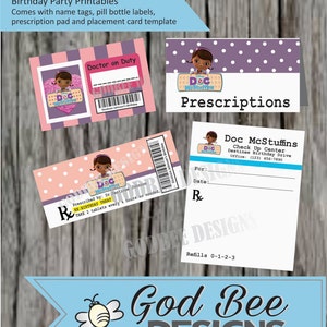 May include: Doc McStuffins birthday party printables, including name tags, pill bottle labels, prescription pad, and placement card templates. The design features a cartoon character and various pastel colors.