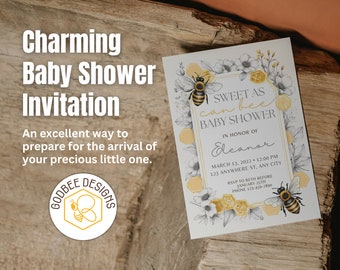 Sweet As Can Be Baby Shower Invitation, Oh Baby, Honey Bee, Simple, Custom, Canva Template,