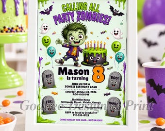 Zombie Birthday Invitation Template, Editable Canva Kids Halloween Party Invite, Cute Spooky 5x7 Digital Invitation