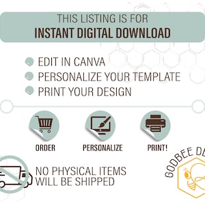 May include: An informational graphic with a teal and brown color scheme. The text reads "THIS LISTING IS FOR INSTANT DIGITAL DOWNLOAD." Instructions include "Edit in Canva," "Personalize Your Template," and "Print Your Design." Icons for ordering, personalizing, and printing are included. The graphic states "No Physical Items Will Be Shipped."