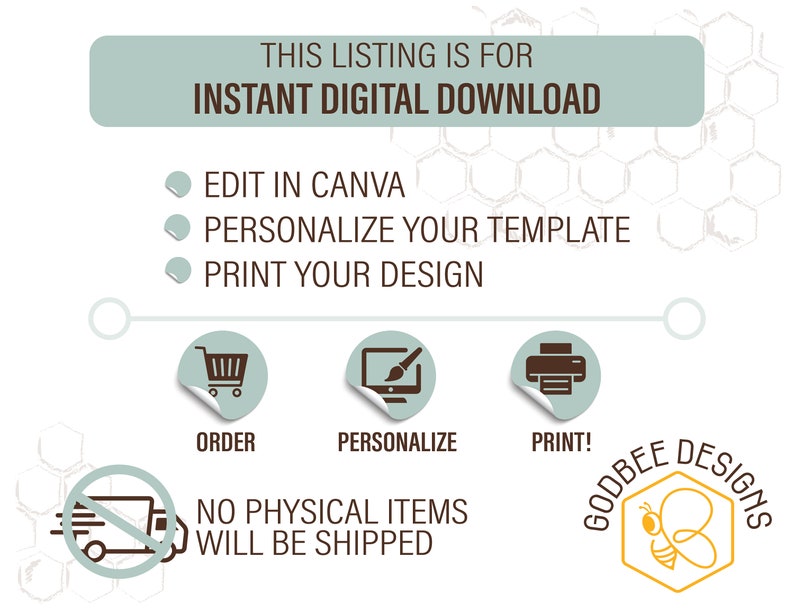 May include: An informational graphic with a teal and brown color scheme. The text reads "THIS LISTING IS FOR INSTANT DIGITAL DOWNLOAD." Instructions include "Edit in Canva," "Personalize Your Template," and "Print Your Design." Icons for ordering, personalizing, and printing are included. The graphic states "No Physical Items Will Be Shipped."