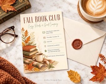 Fall Book Club Invitation, Cozy Autumn Reading Party Invite, Editable 5x7 Canva Template, Printable Book Club Gathering