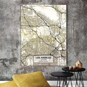 Impressão em tela de mapa de Los Angeles Ouro branco / Mapa de L.A - Impressão de Los Angeles - Arte de Los Angeles - Decoração de parede de L.A.