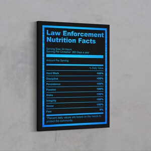 Law Enforcement Nutrition Facts / Police Officer Nutrition Facts - Ready to Hang Canvas Print (Police Officer tribute, Retiring Officer)