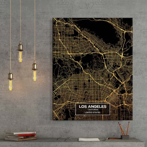 Los Angeles Karte Leinwanddruck schwarz gold / L.A Karte -Los Angeles Print -Los Angeles Art - L.A. Wall Decor - Ready to Hang
