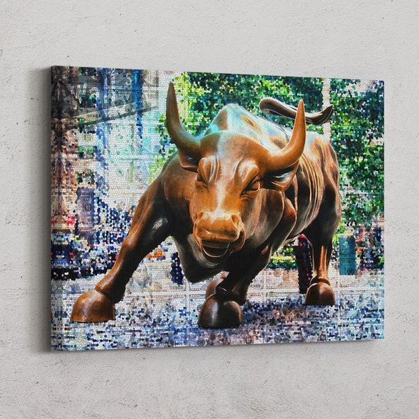 Arte mural de un toro al ataque / Decoración de oficina de Wall Street / Impresión en lienzo de finanzas y comerciantes