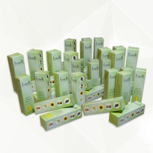 May include: A pile of green and white boxes with the text "Evanelli" and "Roll-On Intensive Eye Serum" on them. The boxes are stacked on top of each other and are arranged in a random pattern.