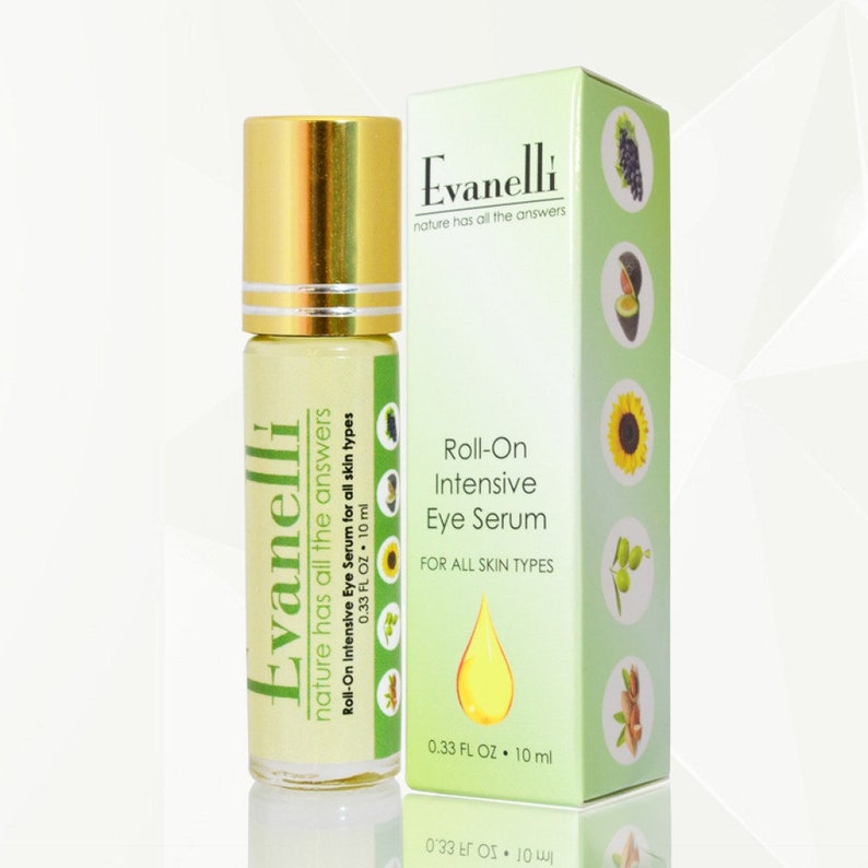 May include: A green and white box with a roll-on bottle of Evanelli Roll-On Intensive Eye Serum. The box has a sunflower, avocado, grapes, olives, and cinnamon stick illustrations. The bottle is 0.33 fl oz or 10 ml.