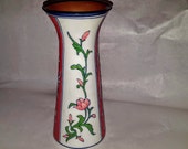 Chinese Vintage Export Red White Floral Design Paneled Cylinder Porcelain Vase w Out turned Flared Lip