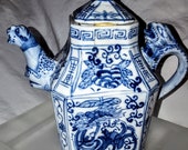 Rare Chinese 18th C Blue White Dragon Porcelain Teapot w bottom Underglaze Blue Reign Mark
