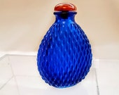 Exquisite 18th Century Chinese Qing Dynasty - Qianlong Imperial Blue Basketweave Pattern Peking Glass Snuff Bottle w Agate Top
