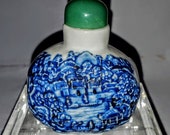 Exquisite Chinese Qianlong Blue White Porcelain Snuff Bottle and Jade Stopper w Raised Picture Relief- Blue Bottom Mark