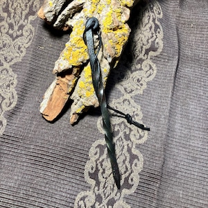 May include: A black metal twisted rod with a leather loop at the top. The rod is lying on a piece of bark with yellow lichen.