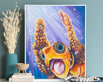 Konsttryck av sköldpadda | Färgglad väggkonst för havssköldpaddor | Tryck av havssköldpaddor | Glad sköldpaddamålning | Sköldpaddspresenter | Turtley Awesome