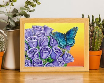 Butterfly and Roses Art Print | Purple Flower Bouquet Print | Blue Butterfly Painting | Flower Lover Gift Ideas | Butterfly Gifts